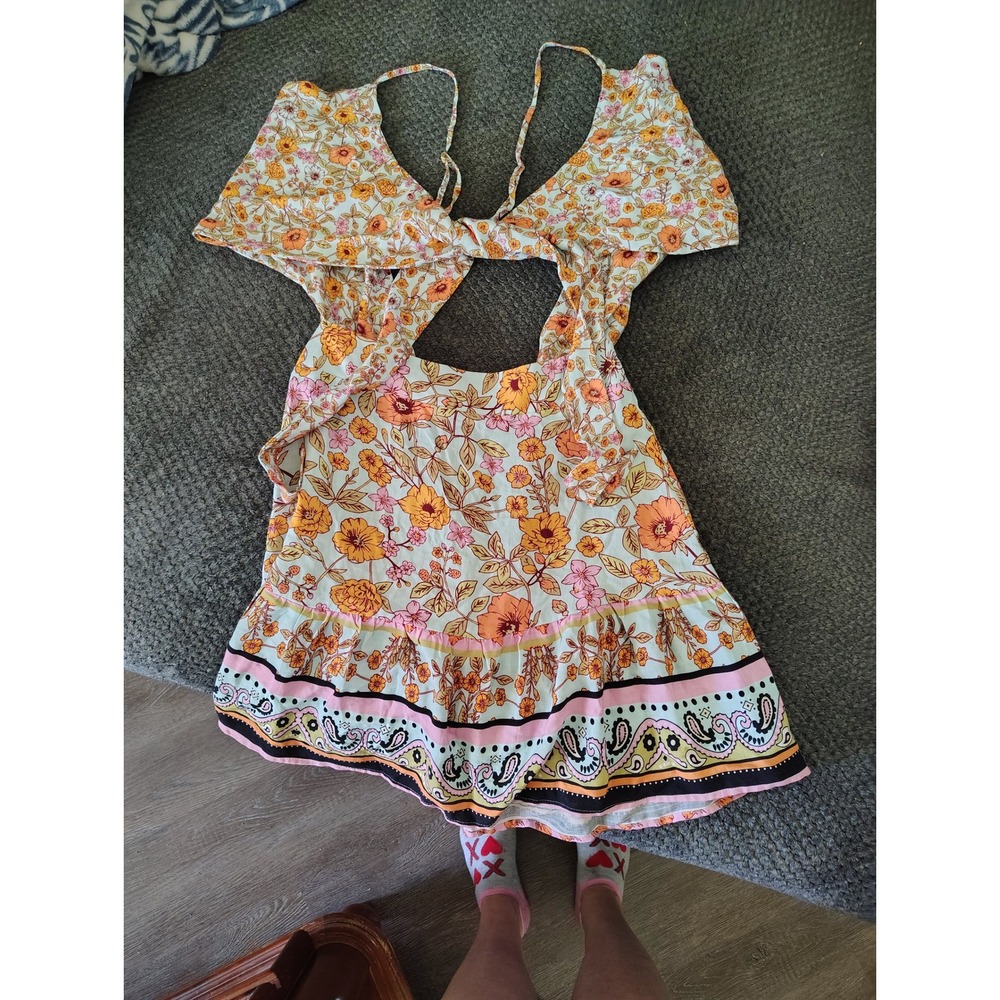 Maaji Floral Paisley‎ Cutout Knot Front Mini Dress Orange Pink Yellow Sz M